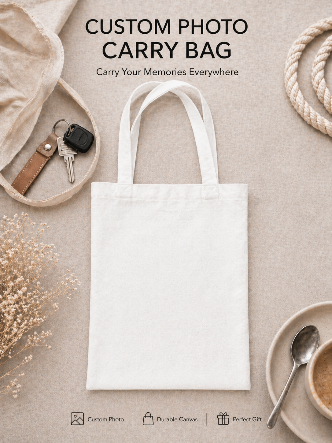 Blank custom canvas tote bag ready for personalised photo print