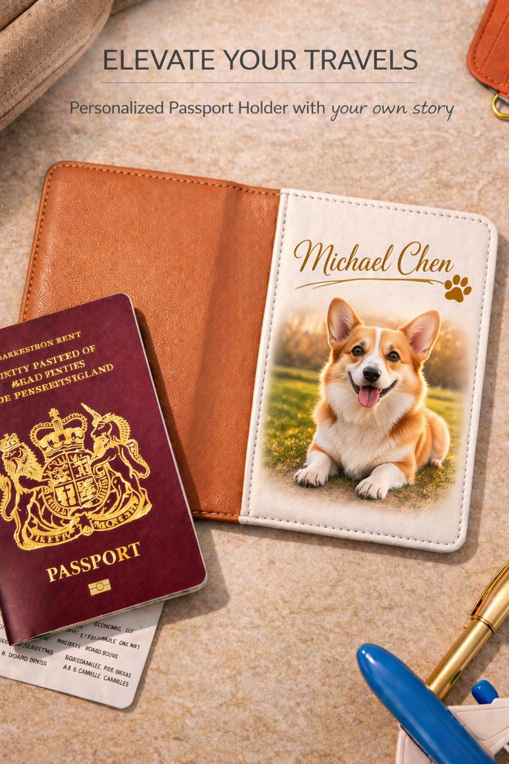 Custom photo passport holder with pet portrait personalised gift
