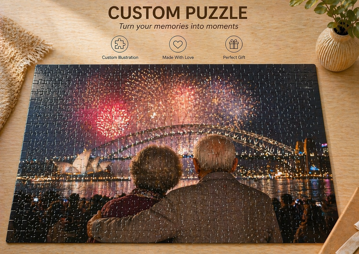 Custom couple memory puzzle with fireworks scene