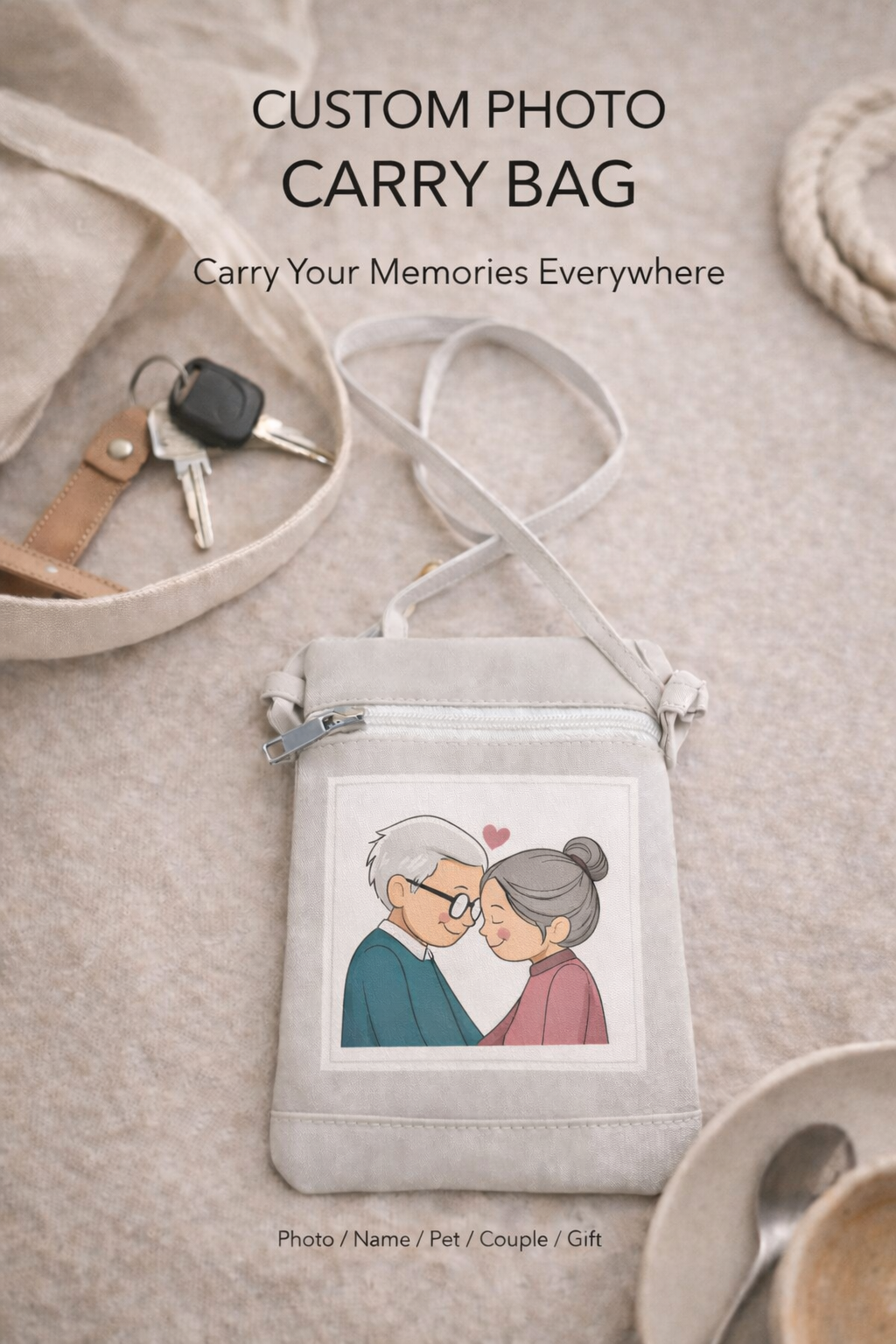 Custom photo carry bag with couple cartoon artwork