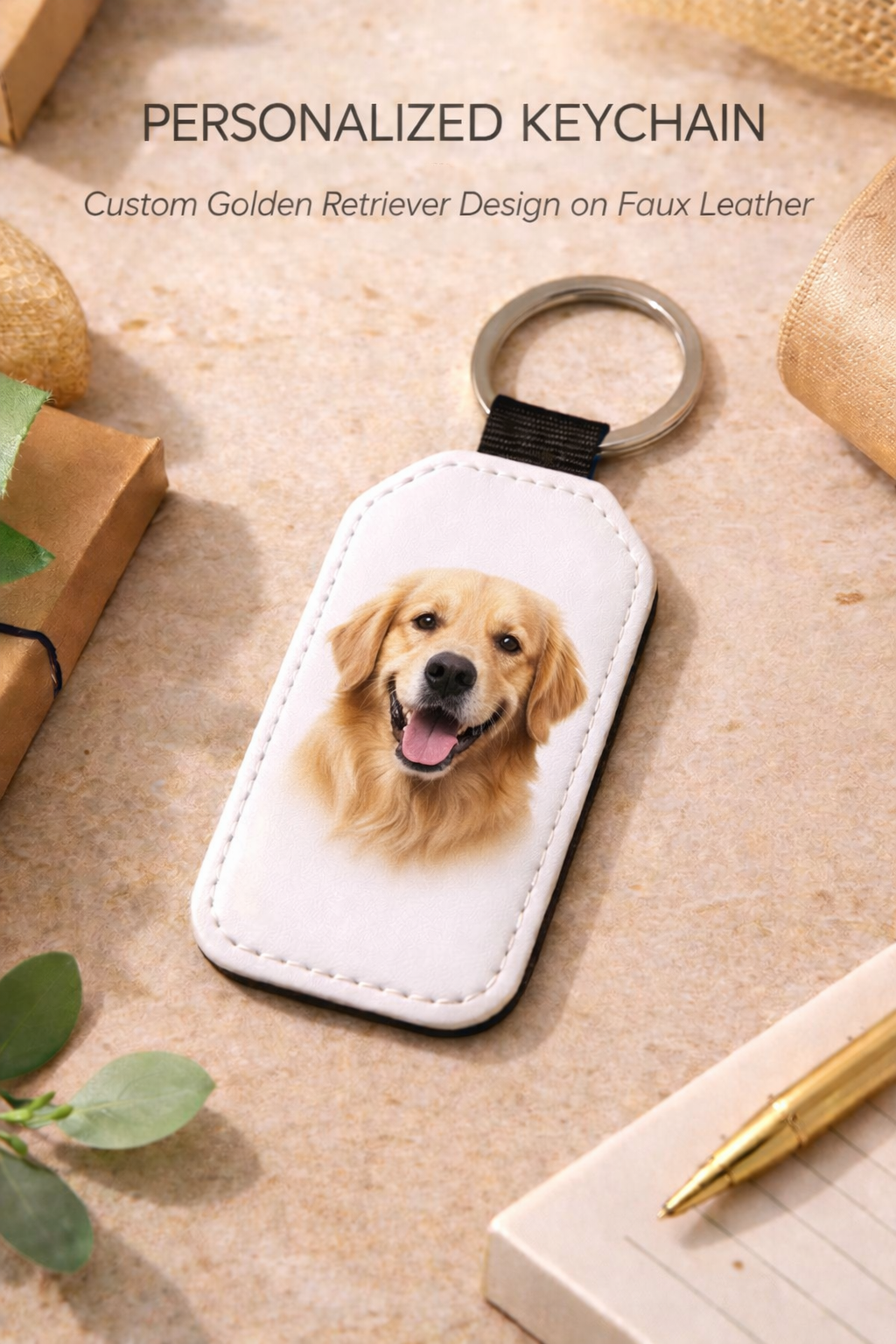 Custom pet portrait keychain on faux leather