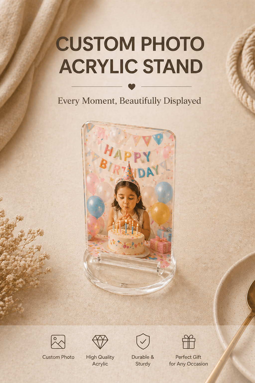 Custom birthday party photo acrylic stand keepsake