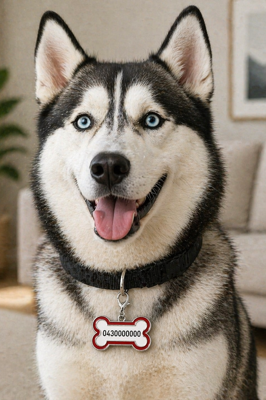 Custom red pet ID tag with phone number on dog collar