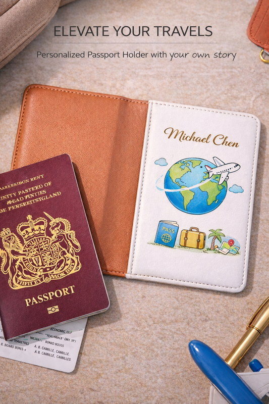 Custom photo passport holder with name and travel cartoon design