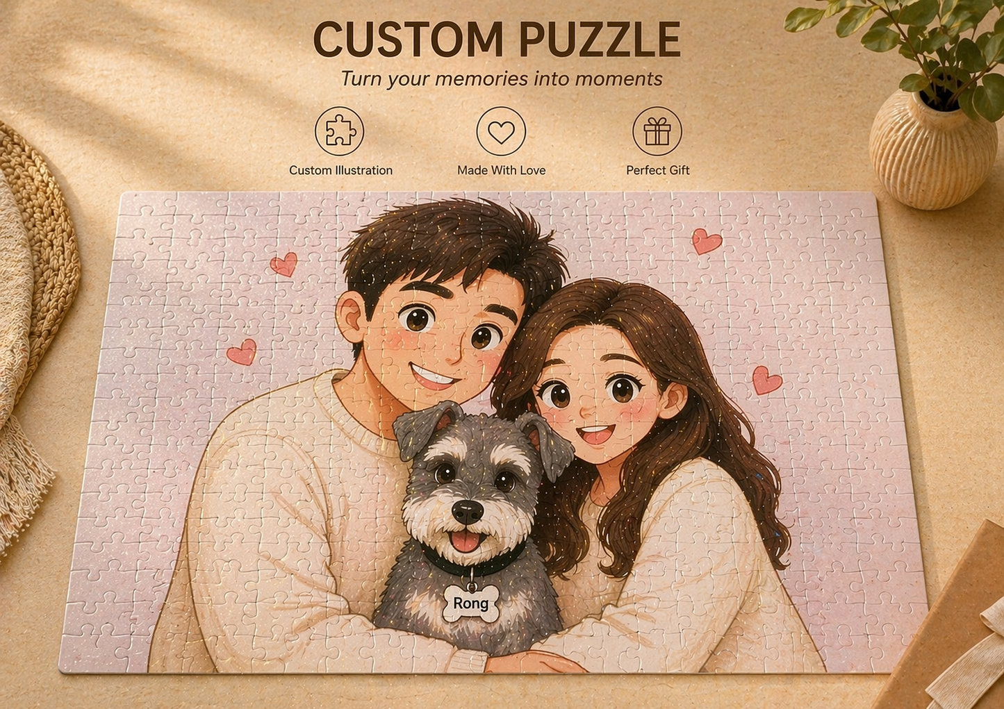 Custom family photo puzzle with pet illustration
