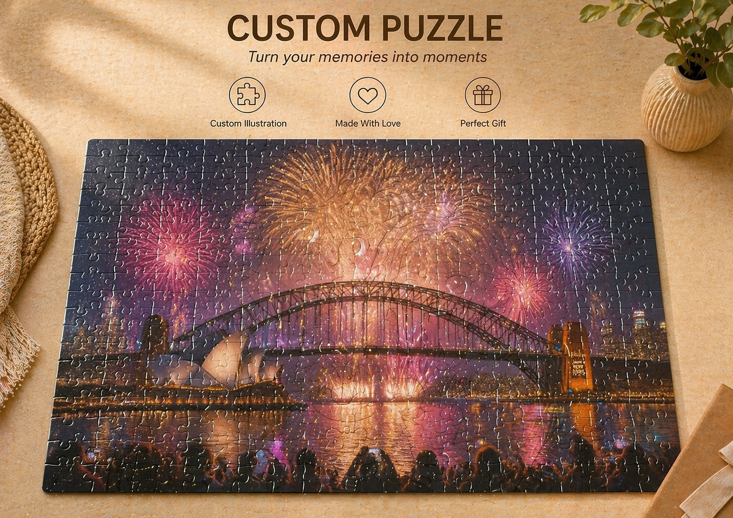 Custom travel photo puzzle with Sydney fireworks landmark